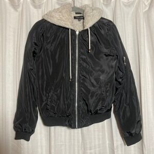 Black Hooded Bomber Jacket Faux Fur Lined Sherpa Flight Coat New Look Womens M